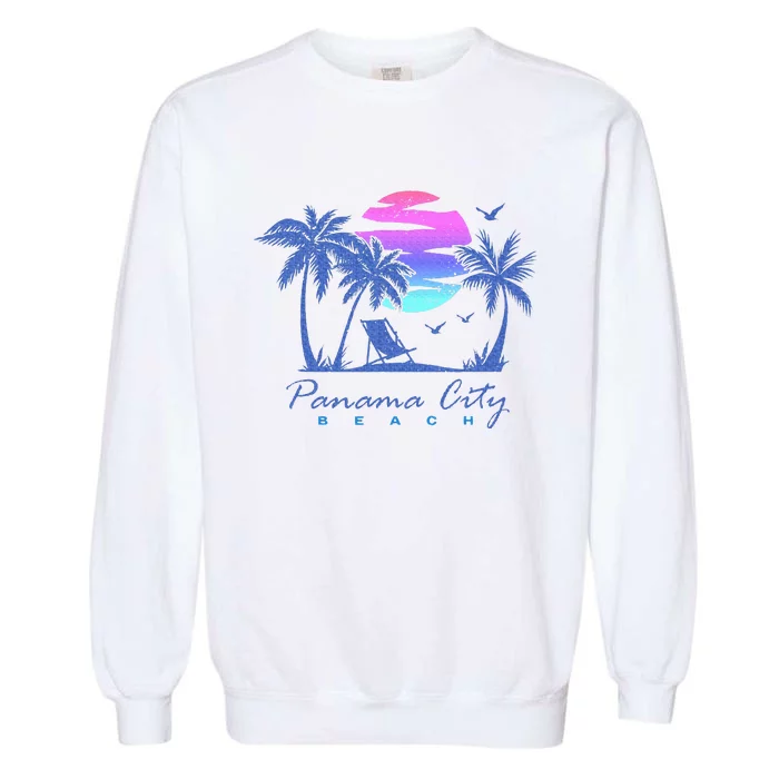 Panama City Beach Florida Vacation Trip Retro Vintage Sunset Garment-Dyed Sweatshirt