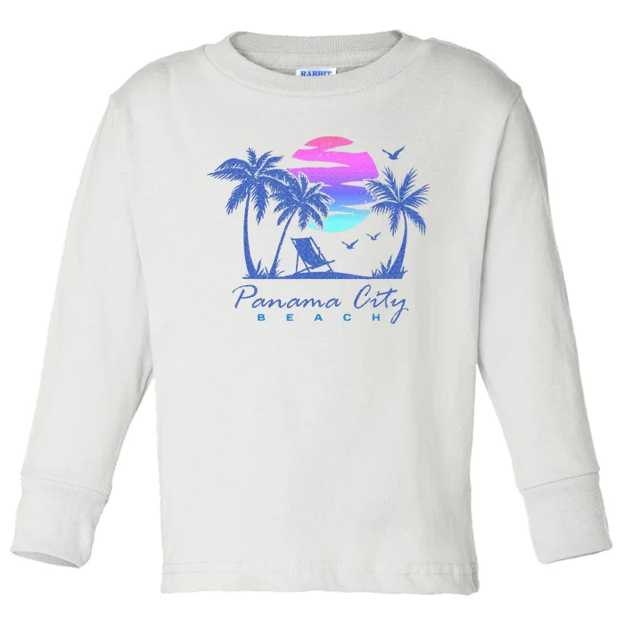 Panama City Beach Florida Vacation Trip Retro Vintage Sunset Toddler Long Sleeve Shirt