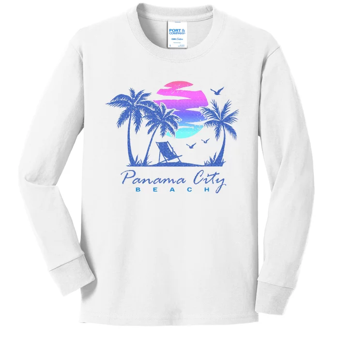 Panama City Beach Florida Vacation Trip Retro Vintage Sunset Kids Long Sleeve Shirt