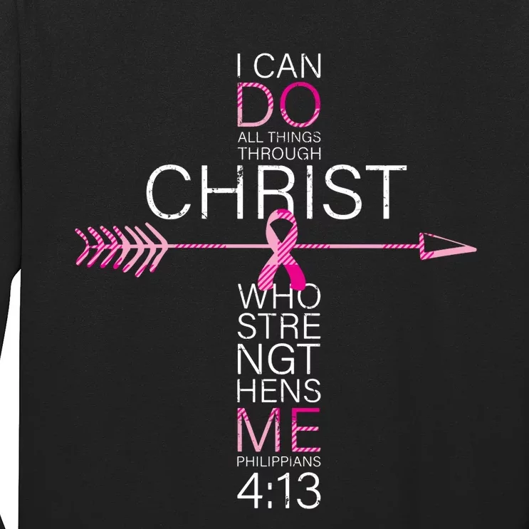 Pink Christian Breast Cancer Cross Religious Bible Verse Long Sleeve Shirt