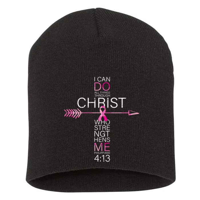 Pink Christian Breast Cancer Cross Religious Bible Verse Short Acrylic Beanie