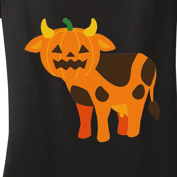 Pumpkin Cow Cute Farm Animal Design Women's V-Neck T-Shirt