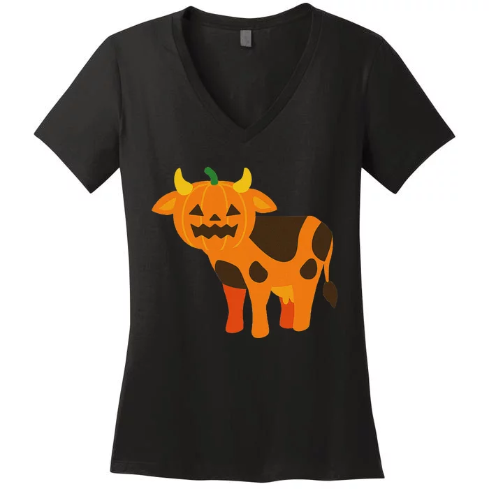 Pumpkin Cow Cute Farm Animal Design Women's V-Neck T-Shirt