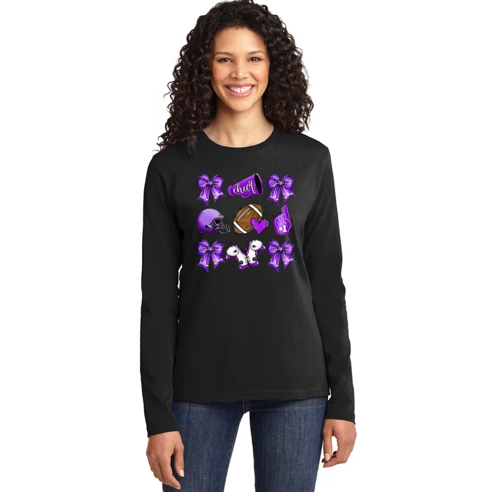 Purple Cheer Coquette Football Mom Ladies Long Sleeve Shirt