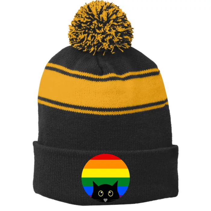 Peeking Cat Colorful Rainbow Stripe Pom Pom Beanie