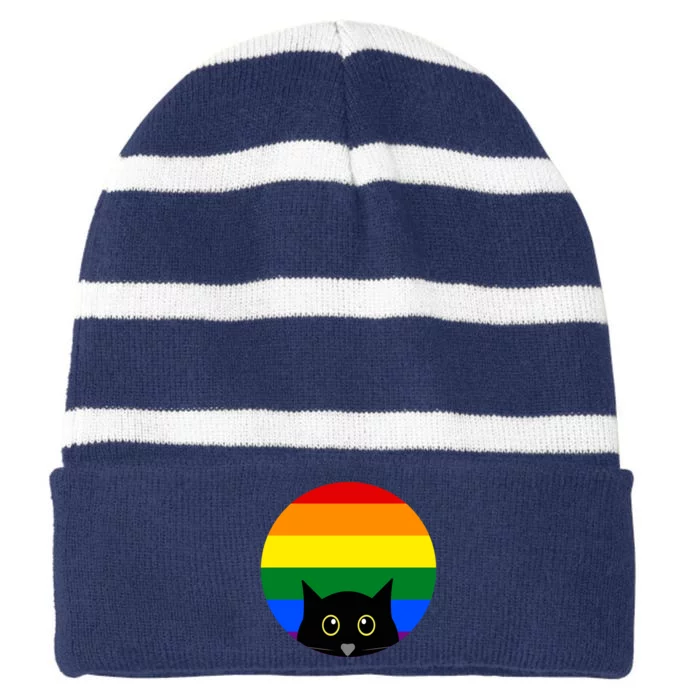 Peeking Cat Colorful Rainbow Striped Beanie with Solid Band