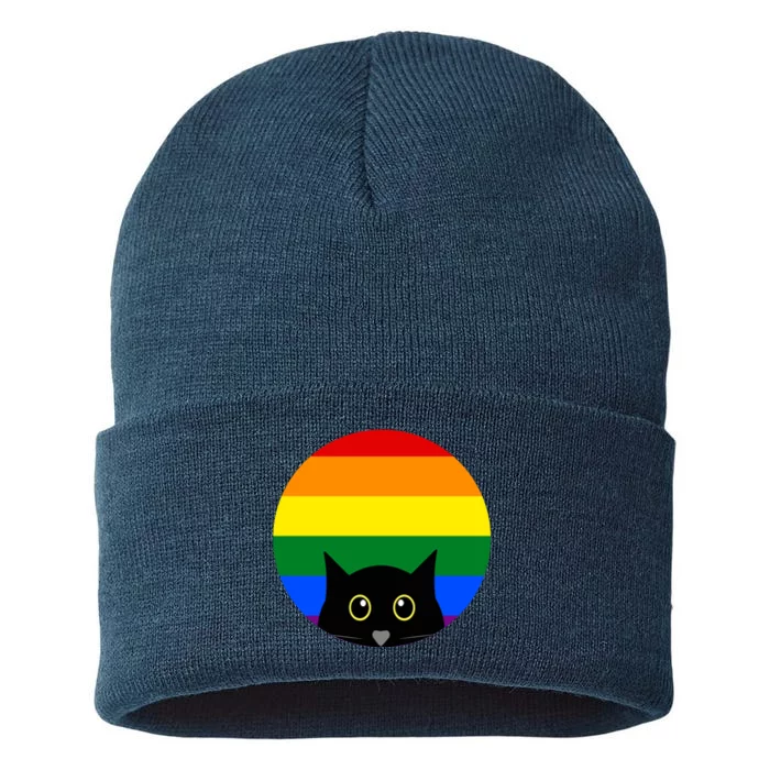 Peeking Cat Colorful Rainbow Sustainable Knit Beanie