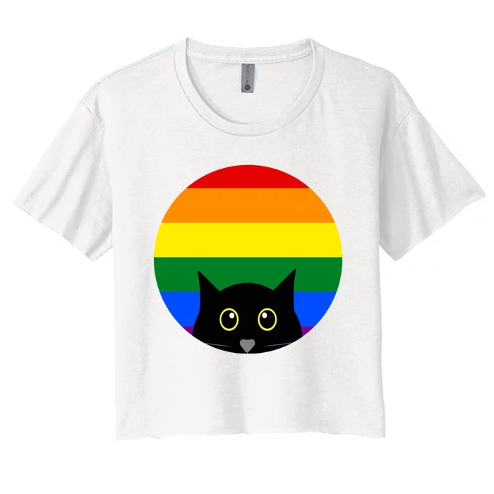 Peeking Cat Colorful Rainbow Women's Crop Top Tee