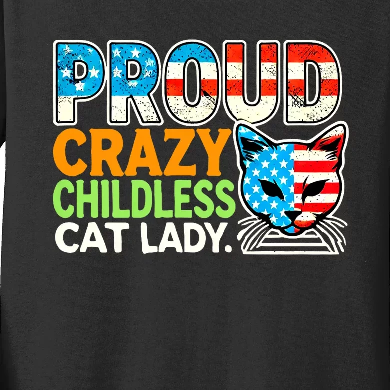 Proud Crazy Childless Cats Lady Cats Lover Usa Flag Kids Long Sleeve Shirt