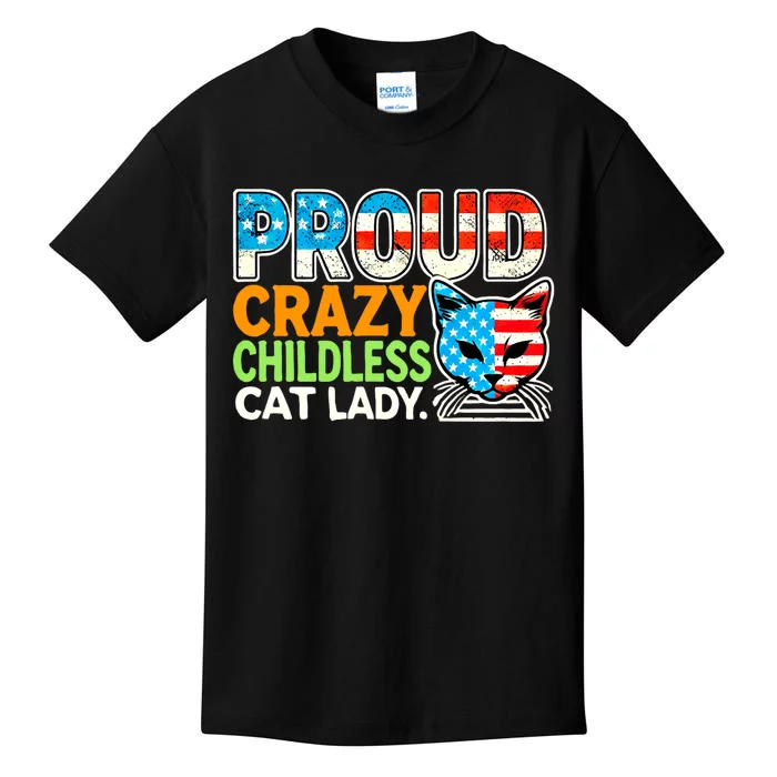 Proud Crazy Childless Cats Lady Cats Lover Usa Flag Kids T-Shirt