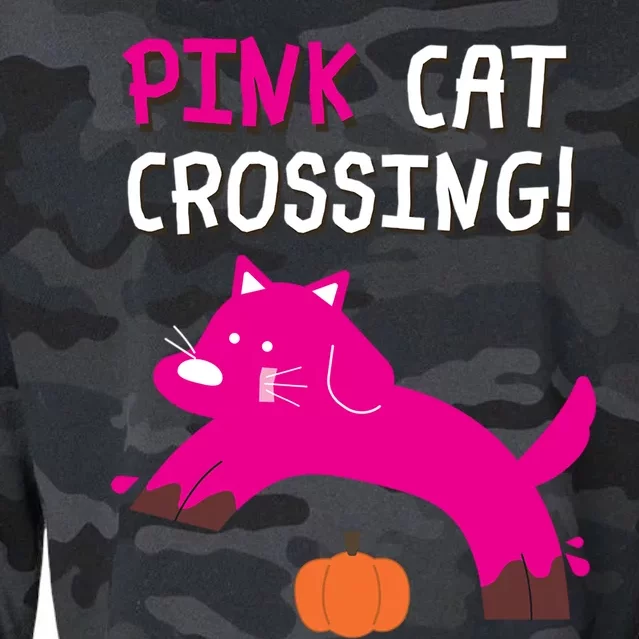 Pink Cat Crossing Pumskin Funny Halloween Gift Cropped Pullover Crew