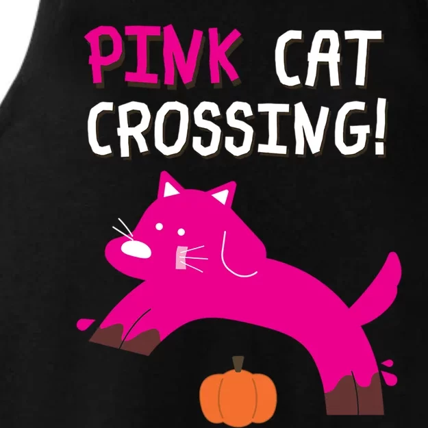 Pink Cat Crossing Pumskin Funny Halloween Gift Ladies Tri-Blend Wicking Tank