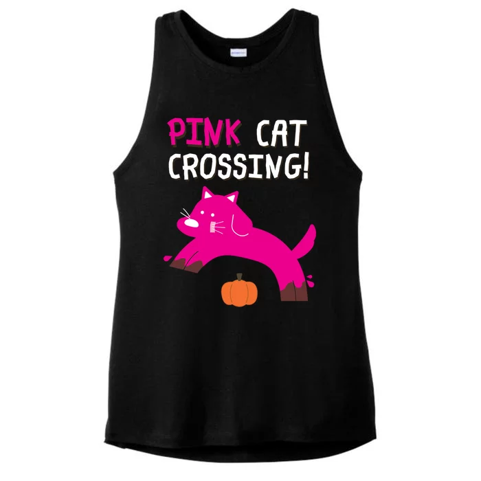 Pink Cat Crossing Pumskin Funny Halloween Gift Ladies Tri-Blend Wicking Tank