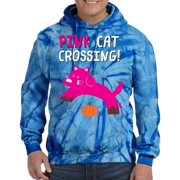 Pink Cat Crossing Pumskin Funny Halloween Gift Tie Dye Hoodie