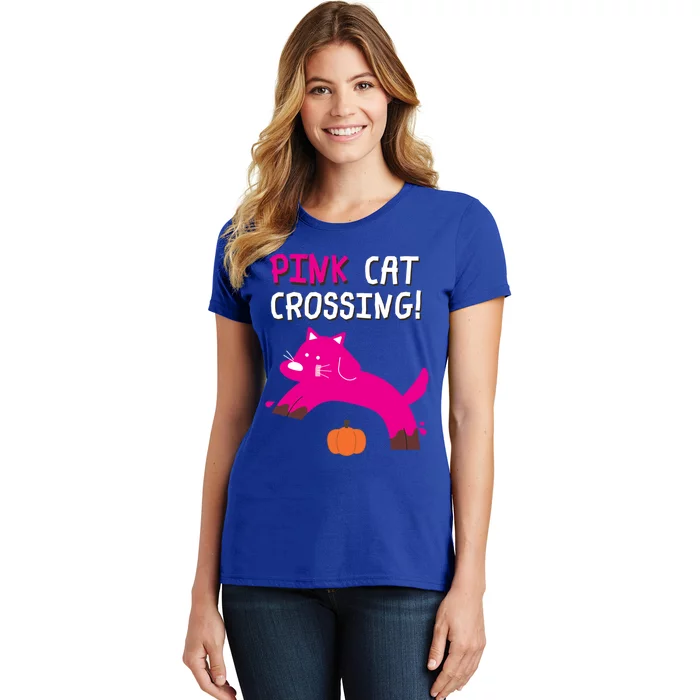 Pink Cat Crossing Pumskin Funny Halloween Gift Women's T-Shirt