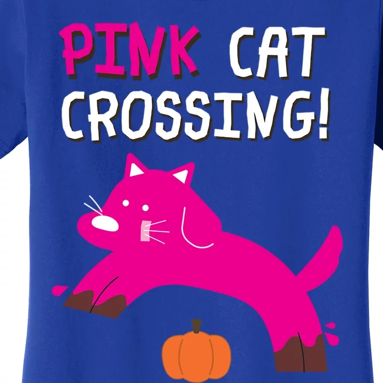 Pink Cat Crossing Pumskin Funny Halloween Gift Women's T-Shirt