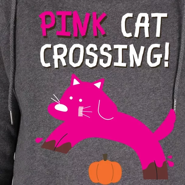 Pink Cat Crossing Pumskin Funny Halloween Gift Womens Funnel Neck Pullover Hood