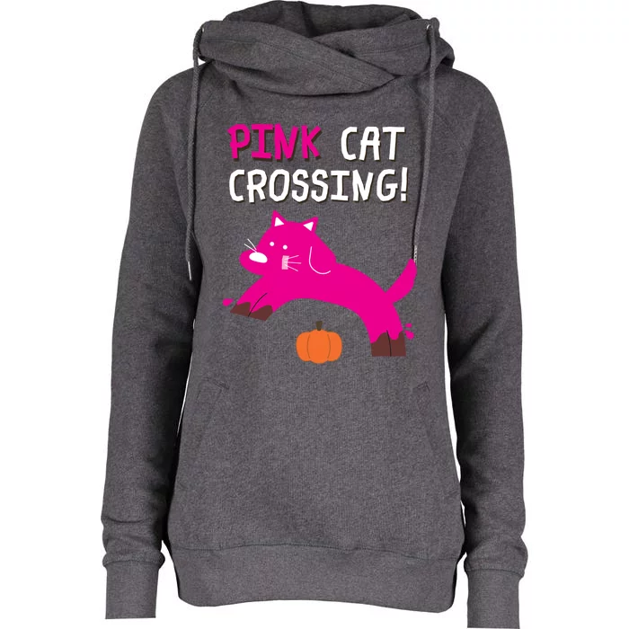 Pink Cat Crossing Pumskin Funny Halloween Gift Womens Funnel Neck Pullover Hood