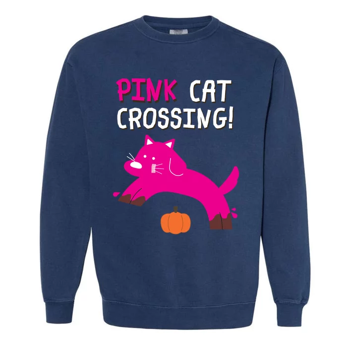 Pink Cat Crossing Pumskin Funny Halloween Gift Garment-Dyed Sweatshirt