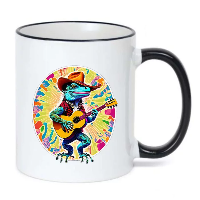 Psychedelic Country Cow Iguana Lizard Playing Guitar Black Color Changing Mug