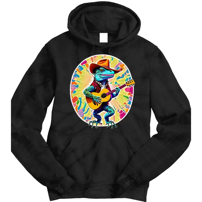 Psychedelic Country Cow Iguana Lizard Playing Guitar Tie Dye Hoodie