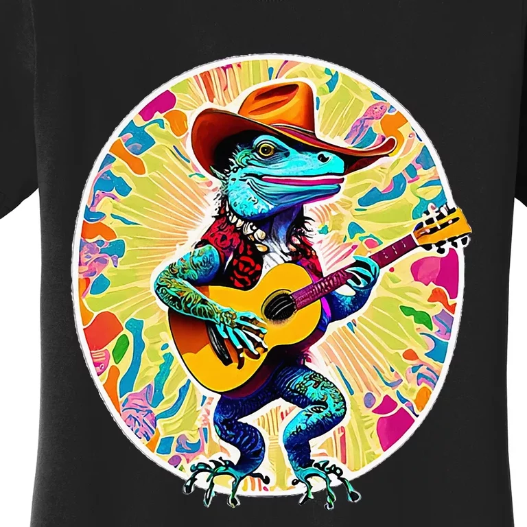 Psychedelic Country Cow Iguana Lizard Playing Guitar Women's T-Shirt