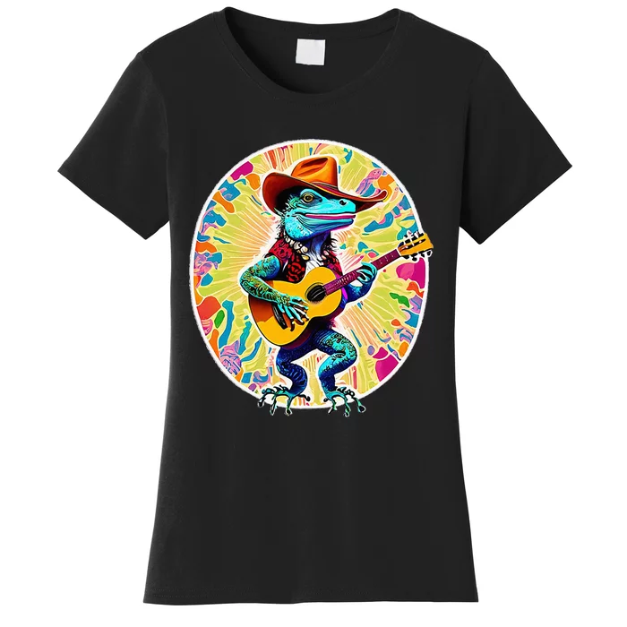 Psychedelic Country Cow Iguana Lizard Playing Guitar Women's T-Shirt