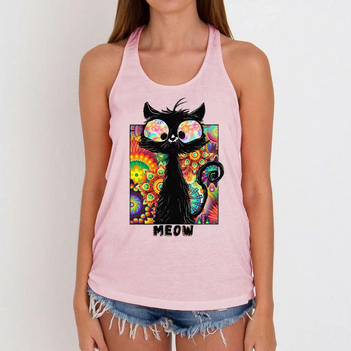 Psychedelic Cat Colored Cat Tee Funny Cat Tee Women's Knotted Racerback Tank