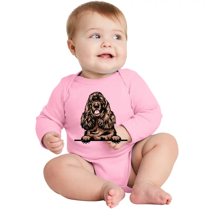 Peeking Chocolate Cocker Spaniel Dog Baby Long Sleeve Bodysuit