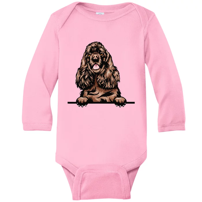 Peeking Chocolate Cocker Spaniel Dog Baby Long Sleeve Bodysuit