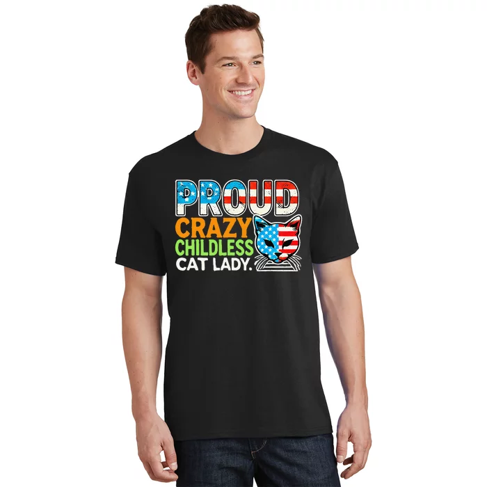 Proud Crazy Childless Cats Lady Cats Lover Usa Flag T-Shirt