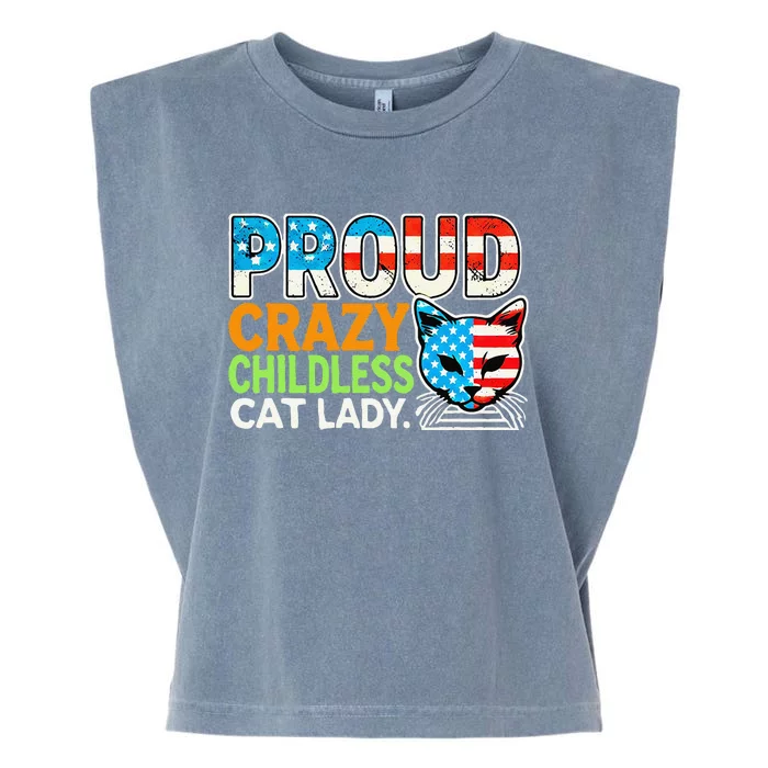 Proud Crazy Childless Cats Lady Cats Lover Usa Flag Garment-Dyed Women's Muscle Tee