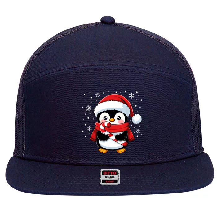 Penguin Christmas Candy Cane Winter 7 Panel Mesh Trucker Snapback Hat