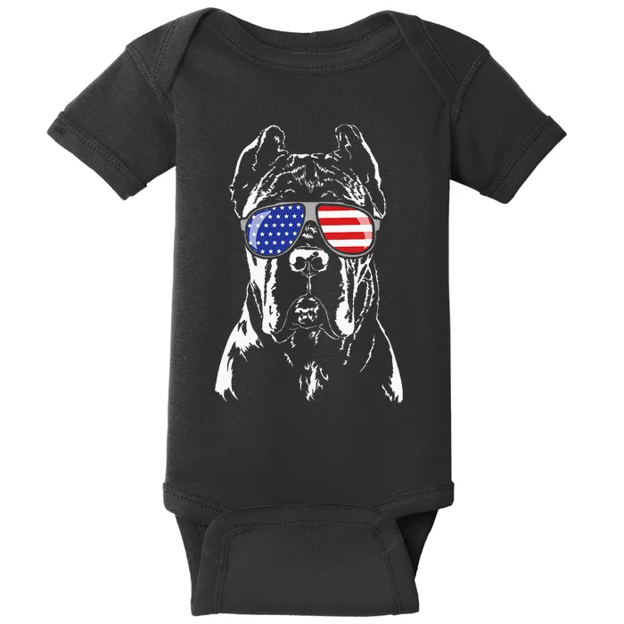 Proud Cane Corso American Flag Sunglasses Patriotic Dog Baby Bodysuit