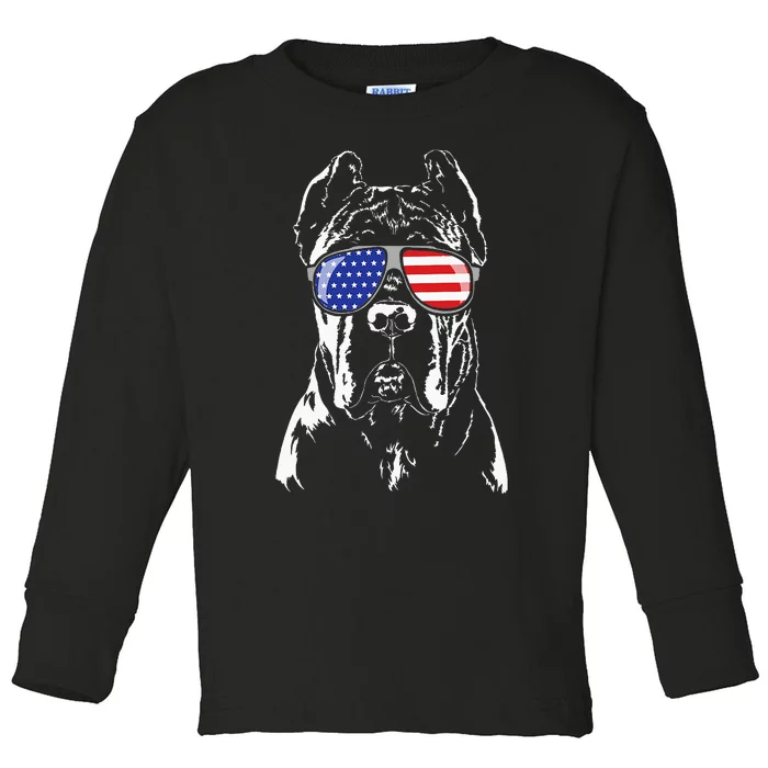 Proud Cane Corso American Flag Sunglasses Patriotic Dog Toddler Long Sleeve Shirt