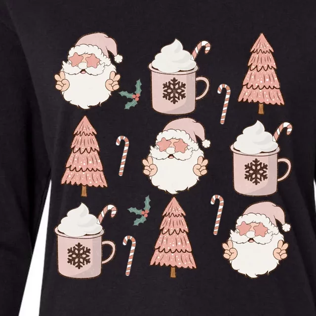 Pink Christmas Doodles Santa Claus Hot Cocoa Family Xmas Pjs Gift Womens Cotton Relaxed Long Sleeve T-Shirt