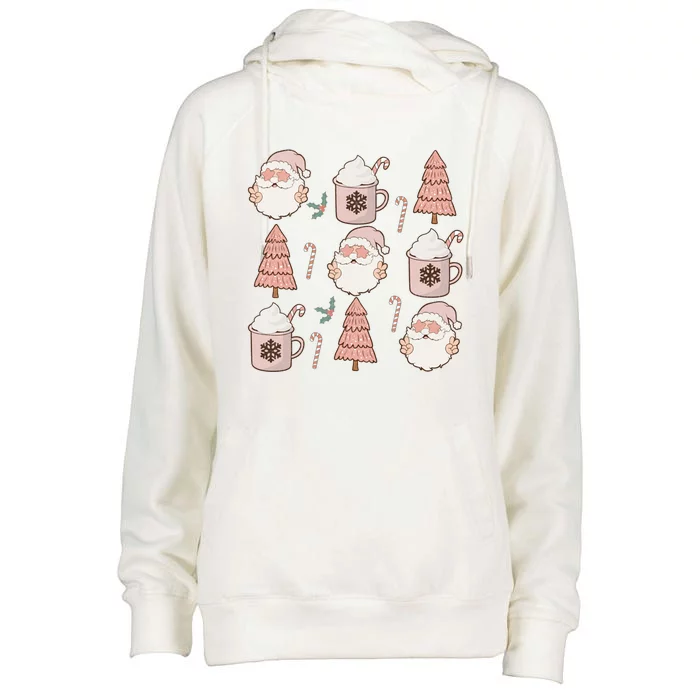 Pink Christmas Doodles Santa Claus Hot Cocoa Family Xmas Pjs Gift Womens Funnel Neck Pullover Hood