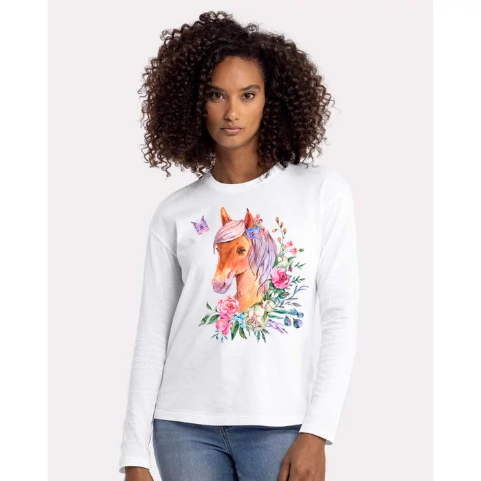 Pretty Colorful Flower Nature Horse Womens Cotton Relaxed Long Sleeve T-Shirt