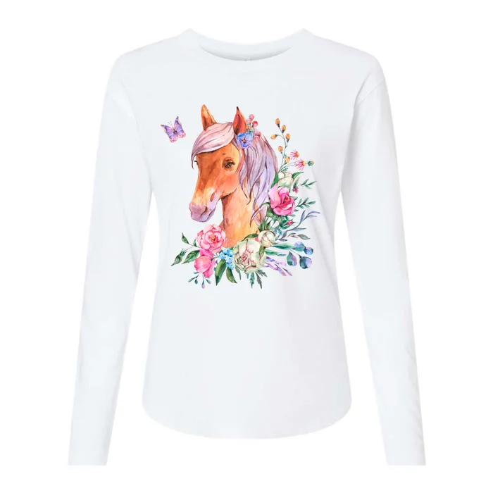 Pretty Colorful Flower Nature Horse Womens Cotton Relaxed Long Sleeve T-Shirt