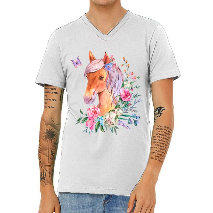 Pretty Colorful Flower Nature Horse V-Neck T-Shirt