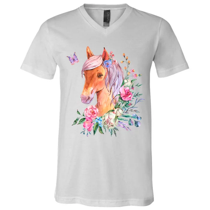 Pretty Colorful Flower Nature Horse V-Neck T-Shirt