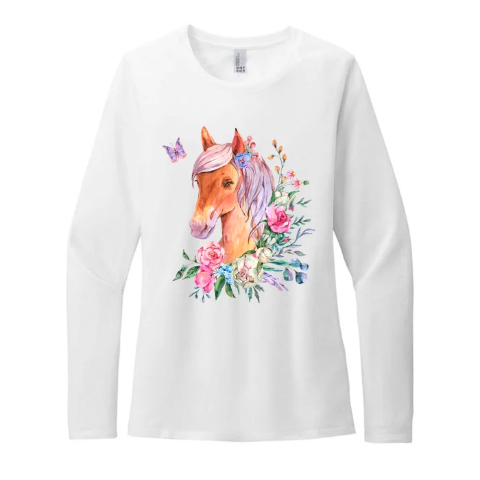 Pretty Colorful Flower Nature Horse Womens CVC Long Sleeve Shirt