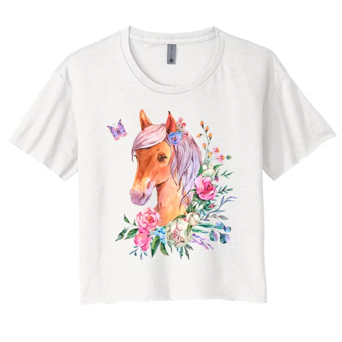 Pretty Colorful Flower Nature Horse Women's Crop Top Tee