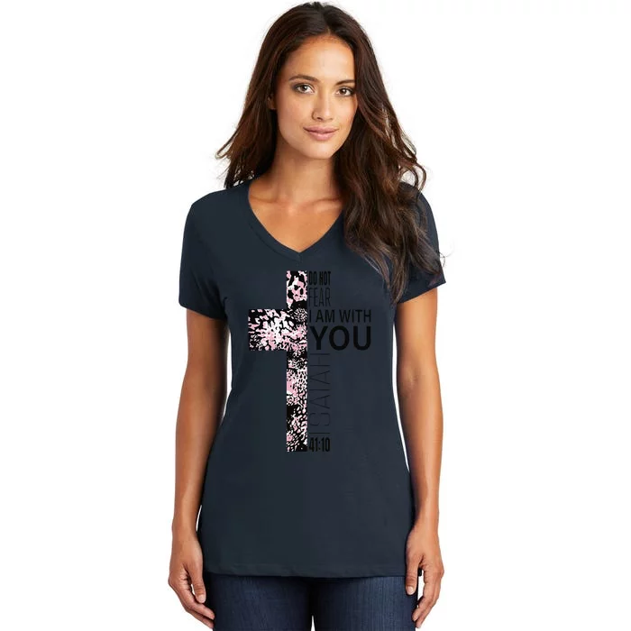 Pink Cross Faith Over Fear Christian Religious Verse Easter Women's V-Neck T-Shirt