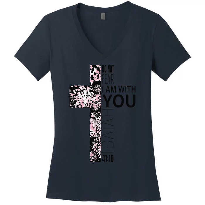 Pink Cross Faith Over Fear Christian Religious Verse Easter Women's V-Neck T-Shirt