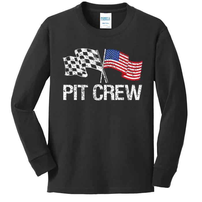 Pit Crew For Race Car Parties Usa Racing Flag Kids Long Sleeve Shirt