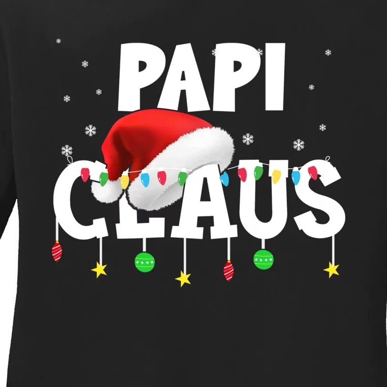 Papi Claus Funny Christmas Lights Santa Hat Costume Ladies Long Sleeve Shirt