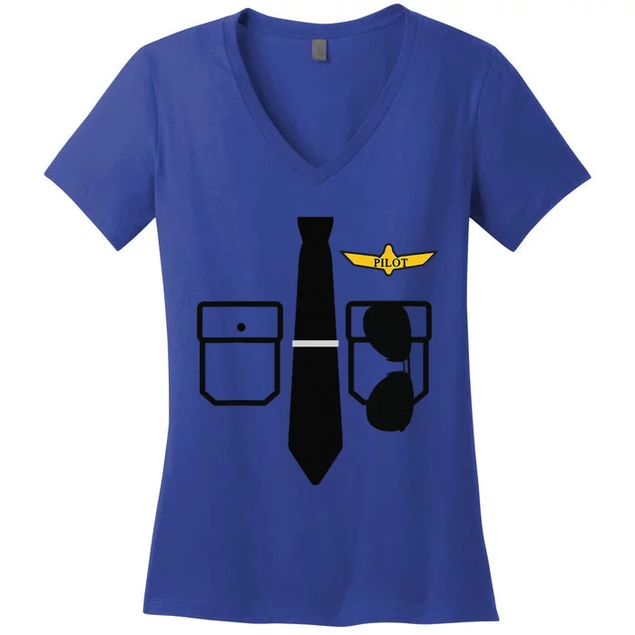 Pilot Costume Funny Halloween Airplane Pilot Women's V-Neck T-Shirt