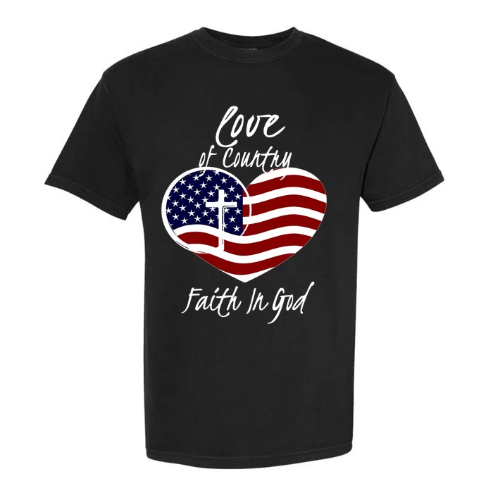 Patriotic Christian Faith In God Heart Cross American Flag Garment-Dyed Heavyweight T-Shirt