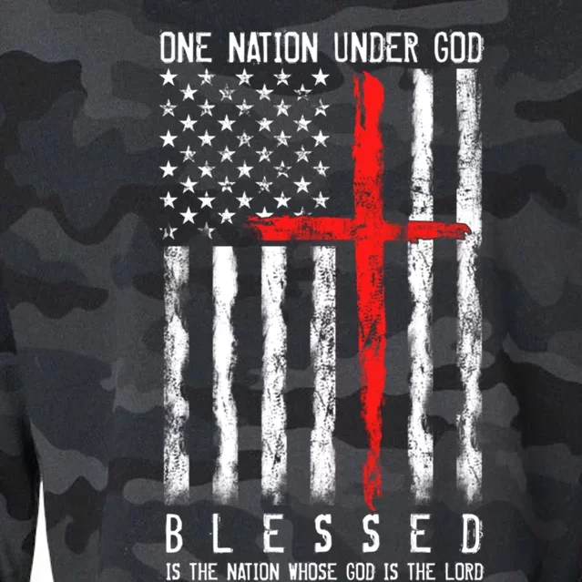 Patriotic Christian Flag "Blessed One Nation Under God" Funny Gift Cropped Pullover Crew